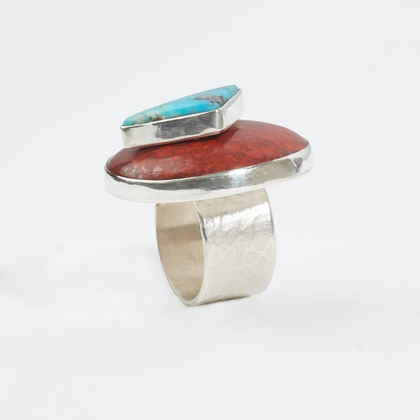 Sterling silver ring with red jasper and turquoise