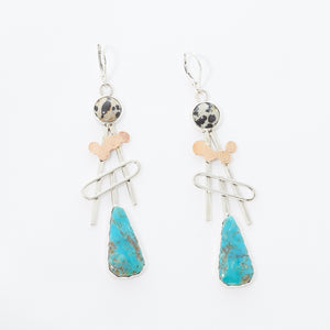 Sterling silver earrings with turquoise, Dalmatian jasper, and 14kt gold accents