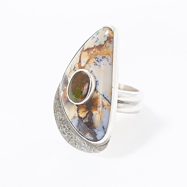 Sterling silver ring with amethyst sage chalcedony and Mexican fire agate